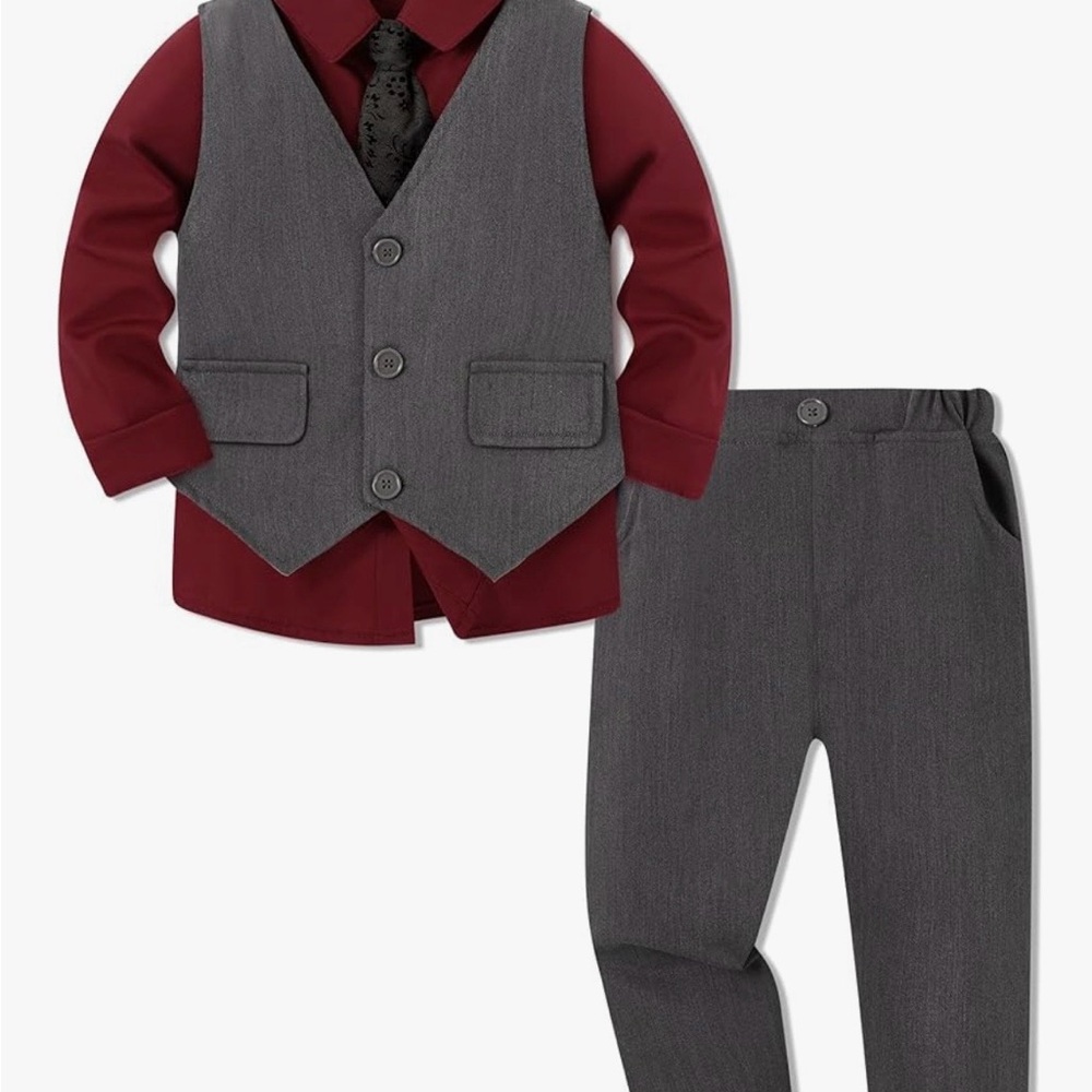 Boys Charcoal Gray Vest & Pants Set with Burgundy Shirt